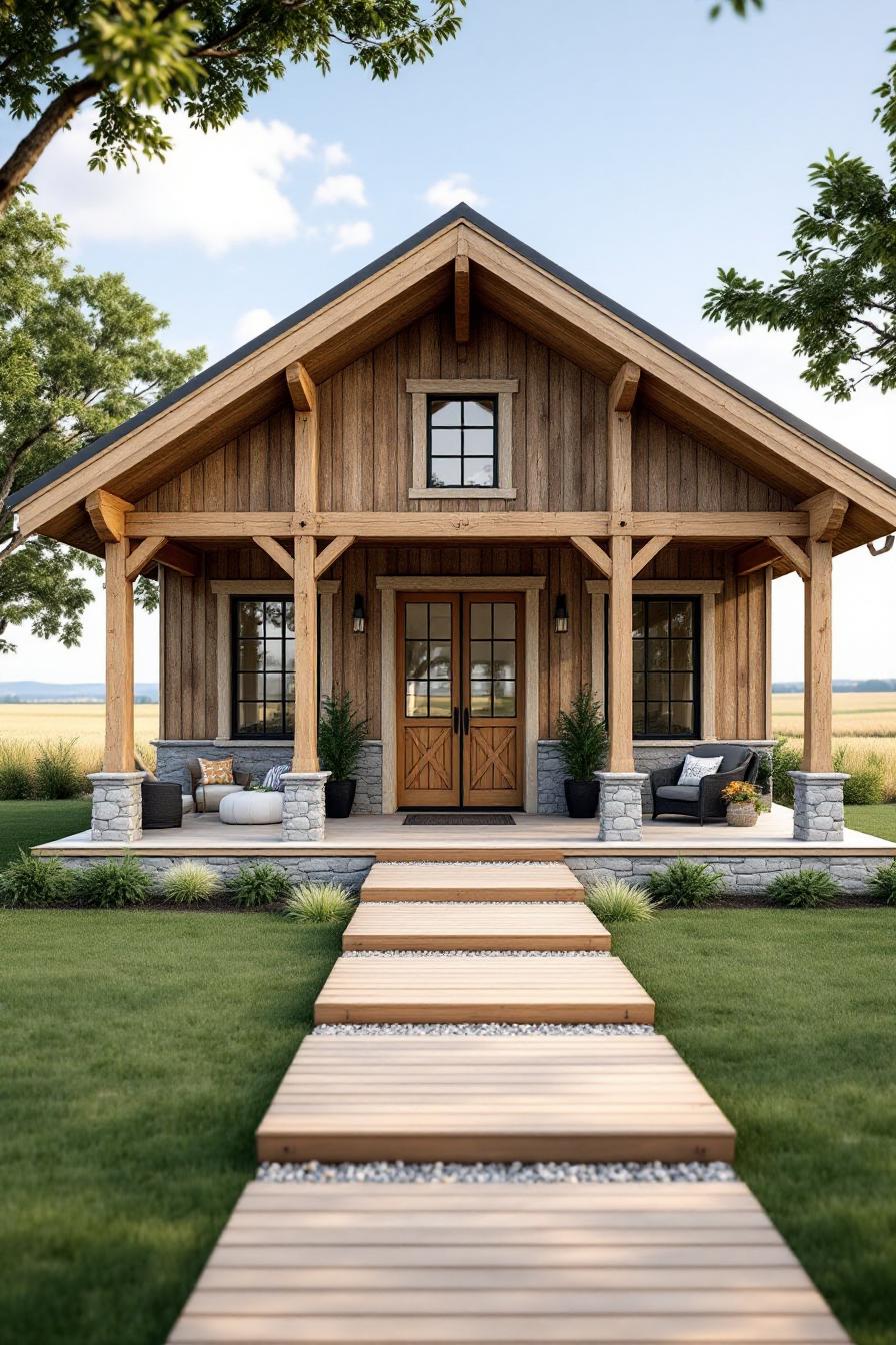 Cozy wooden barndominium with front porch