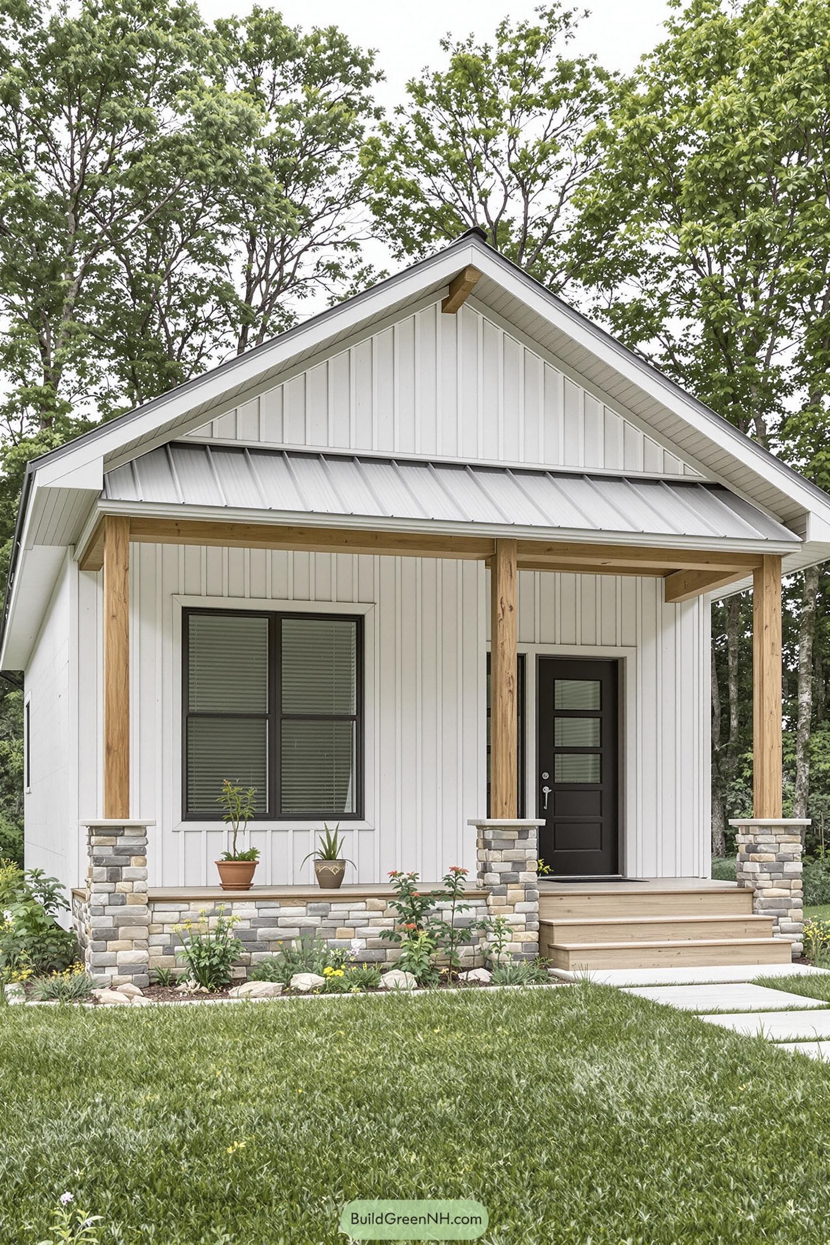 Small white bungalow with stone accents and wooden posts