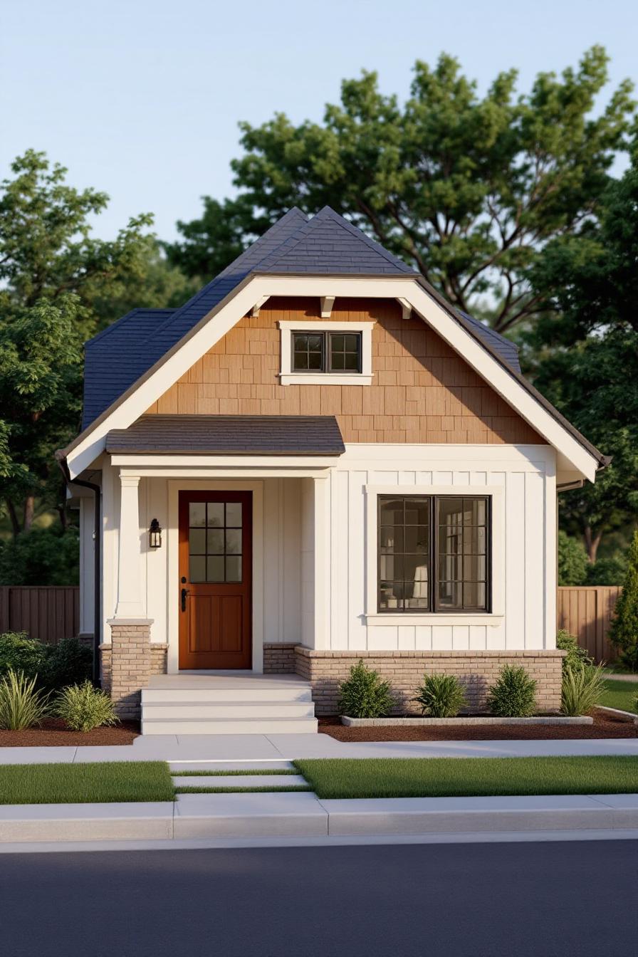 A quaint Craftsman bungalow with a warm wooden door and lush green surroundings