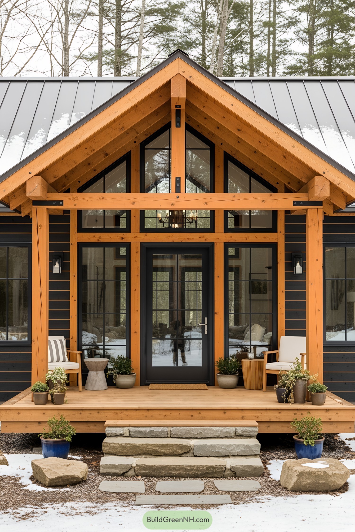 Front view of a tiny cabin with wooden beams and a cozy porch