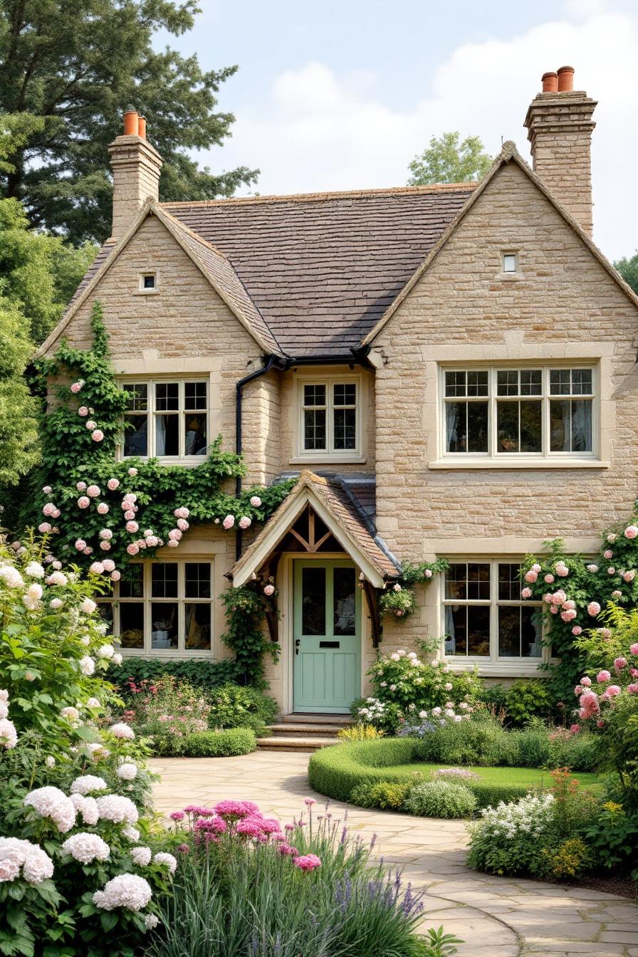 Charming stone house with a green door and blooming garden