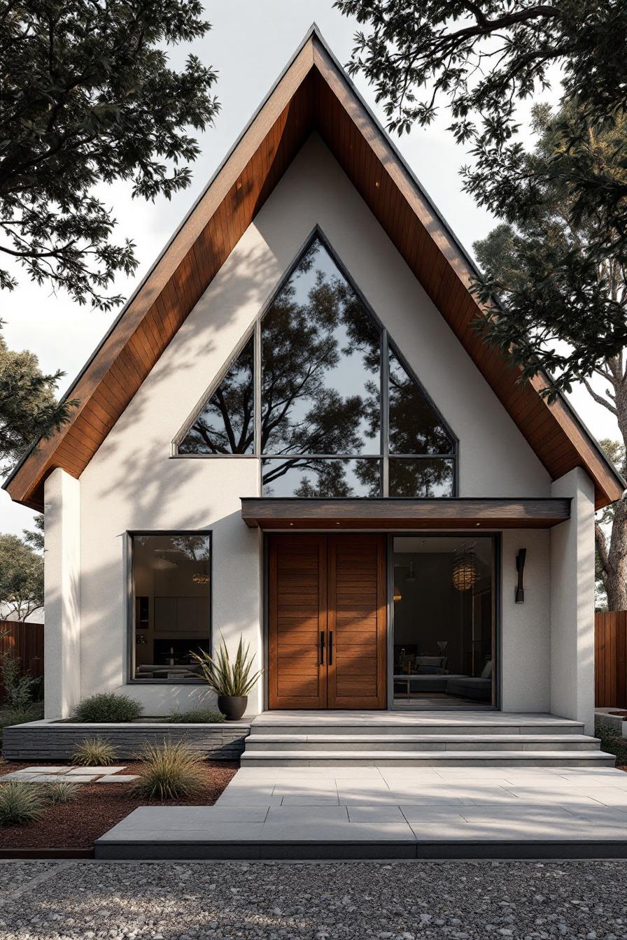 A-frame cottage with sharp roof and large triangular windows