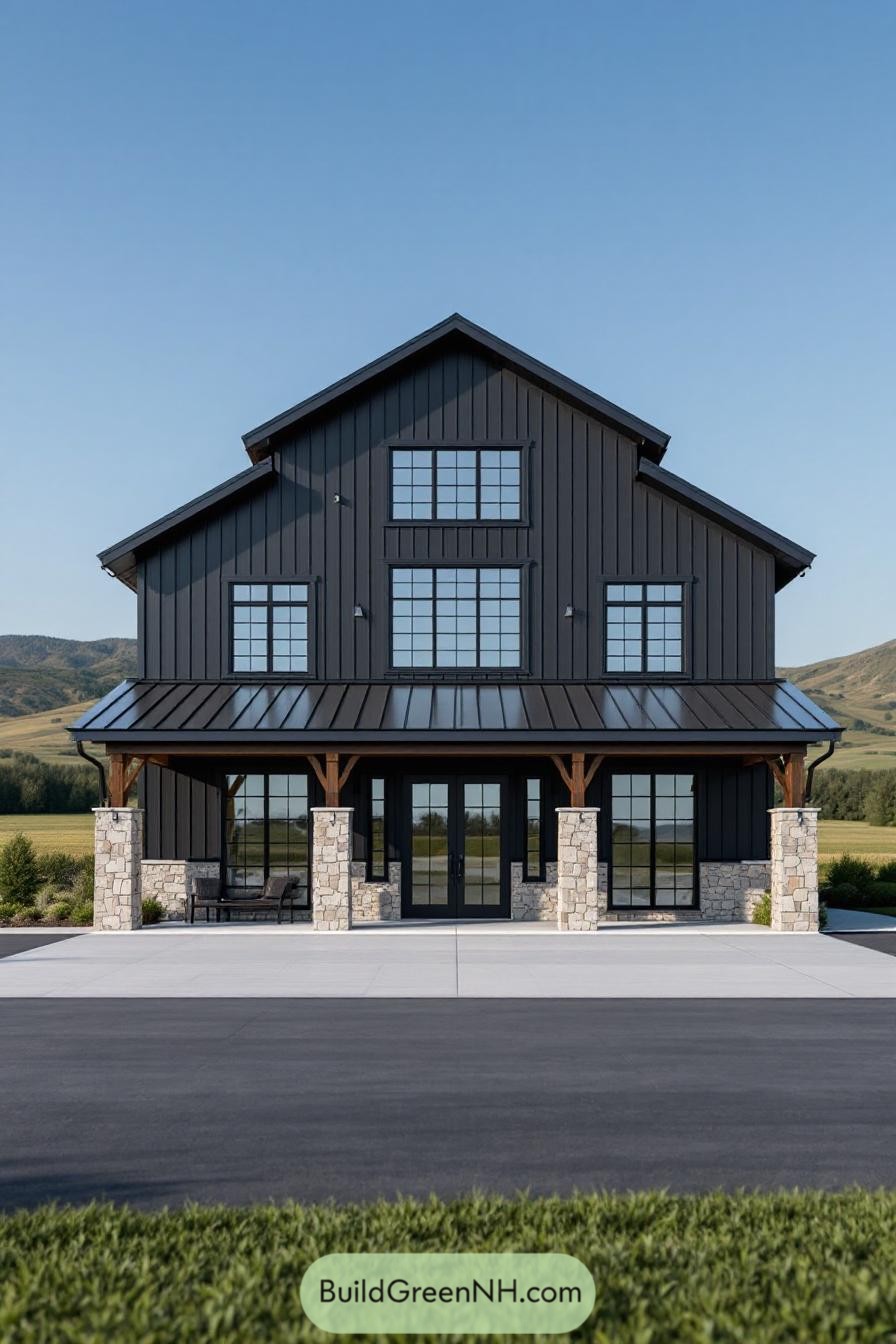 Front view of a black barndominium with stone accents and large windows
