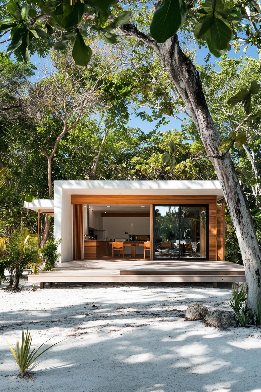 Stylish beach shack with open design and lush surroundings