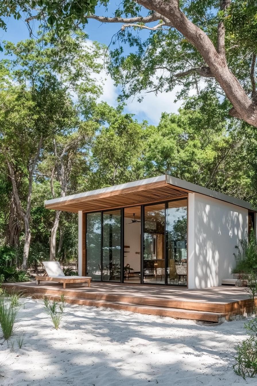 Glass-front shack surrounded by lush greenery and sandy beach