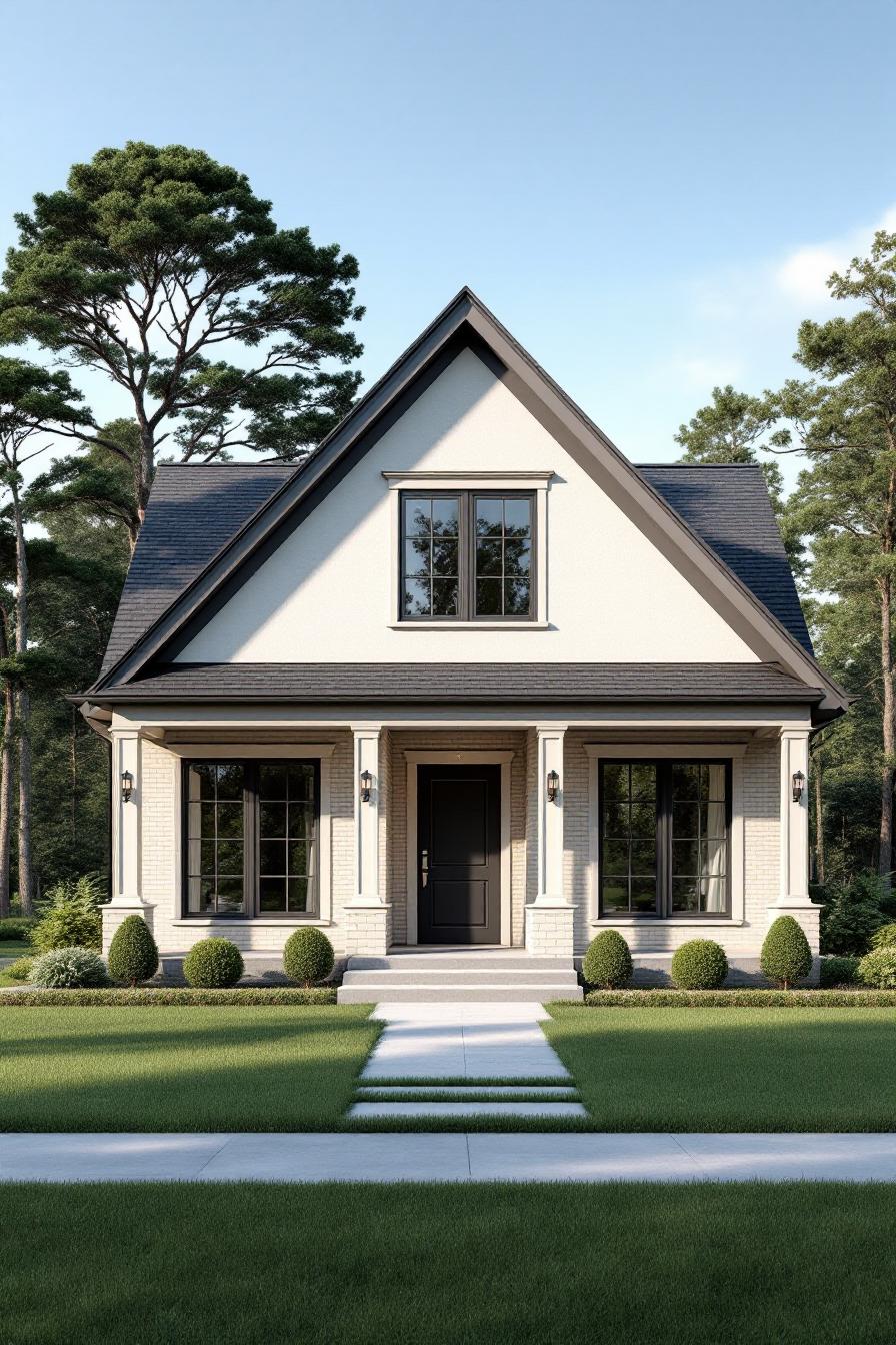 White and gray country house with steep gabled roof