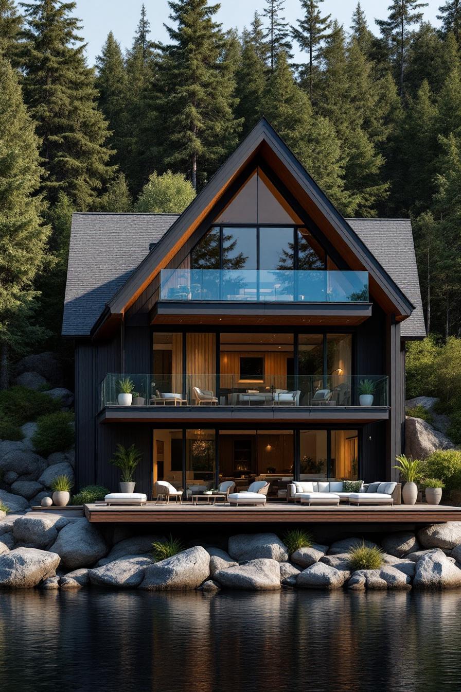 Two-Story Lake House Nestled Among Trees