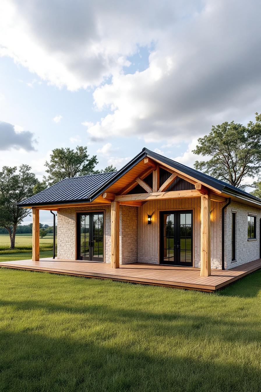 Small rustic barndominium with wood beams and wide porch