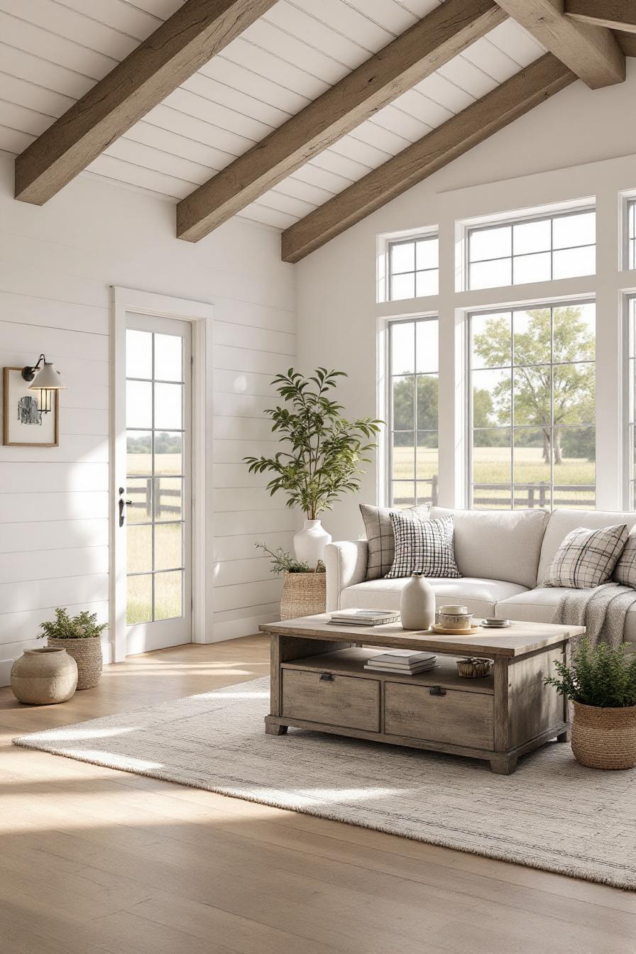 Bright and airy farmhouse living room with rustic decor