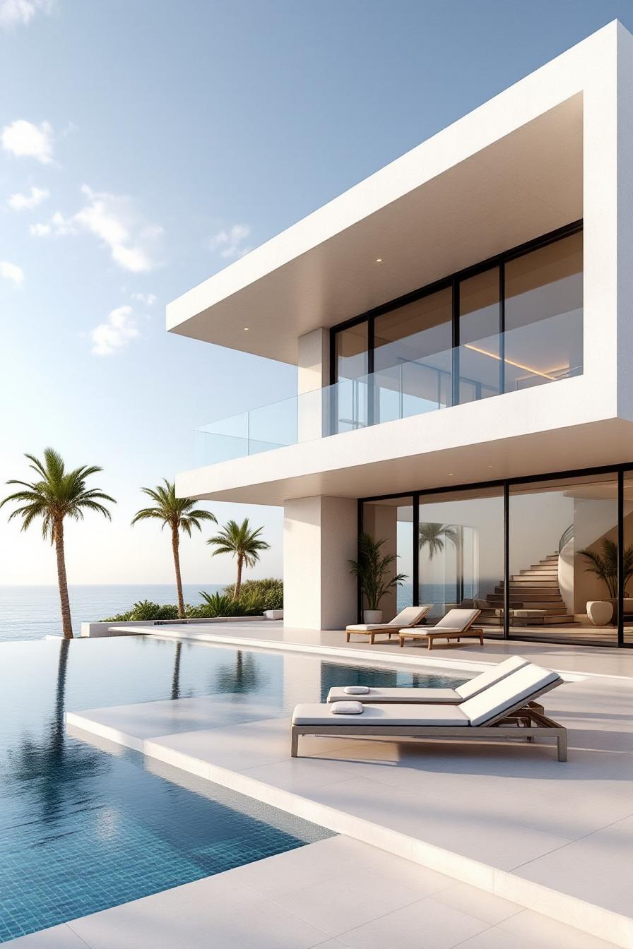 Luxury villa with a pool and palm trees by the ocean