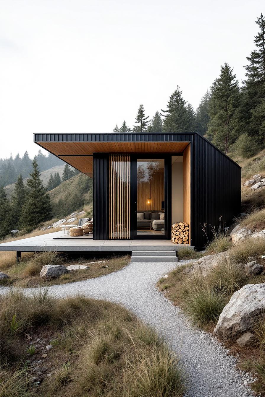 Compact modern house with black exterior and wooden accents