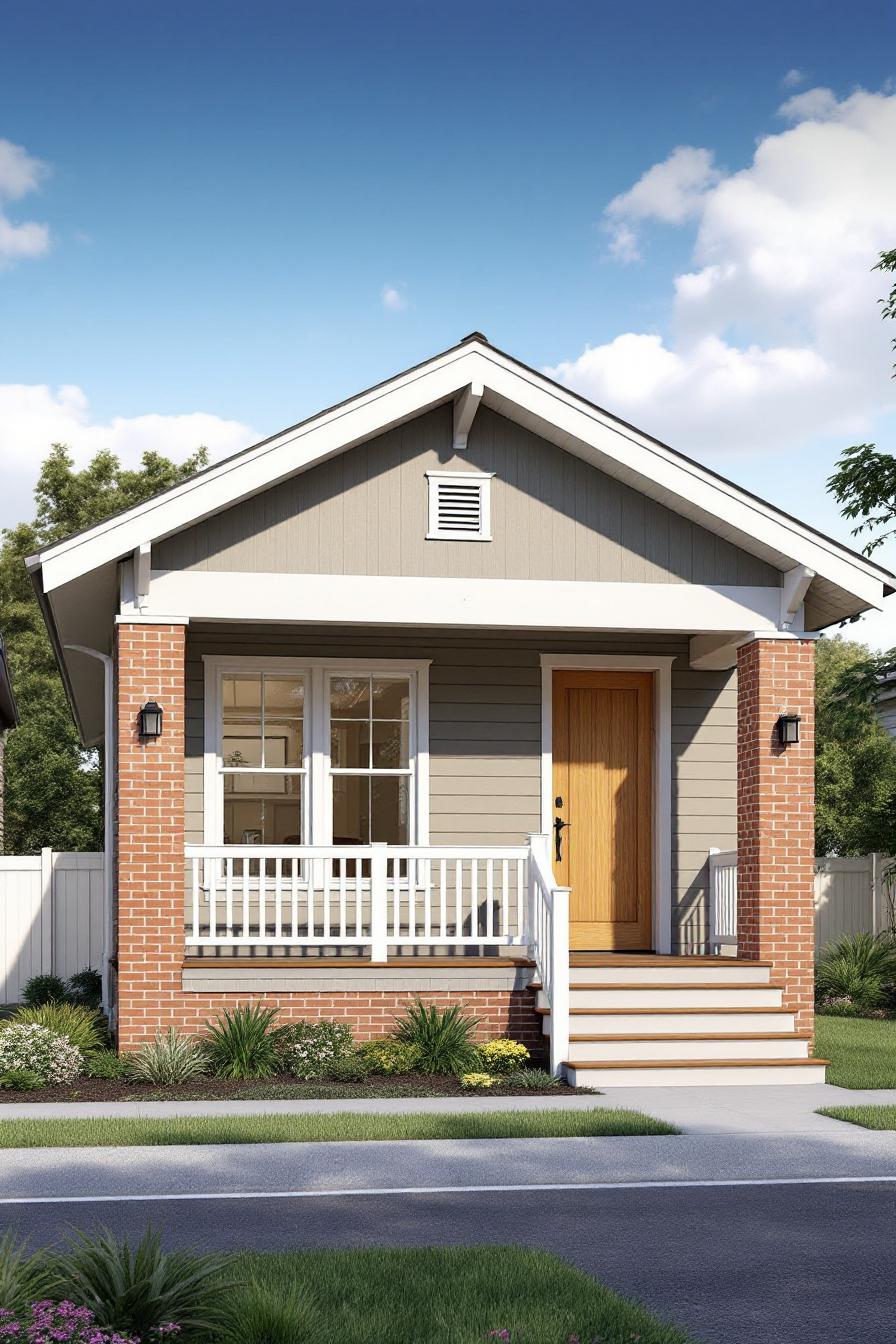 Cozy craftsman bungalow with brick pillars and wooden door