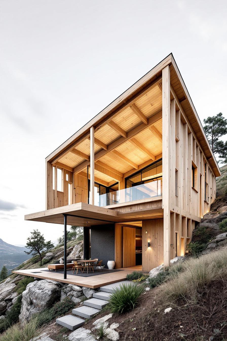 Wooden house on a rocky hillside with a deck