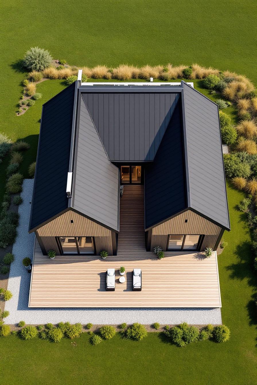 Aerial view of a modern lake house with a deck and lush greenery