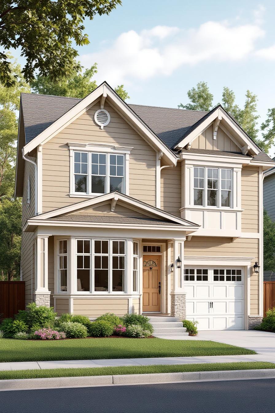 Charming beige craftsman house with white trim and lush landscaping