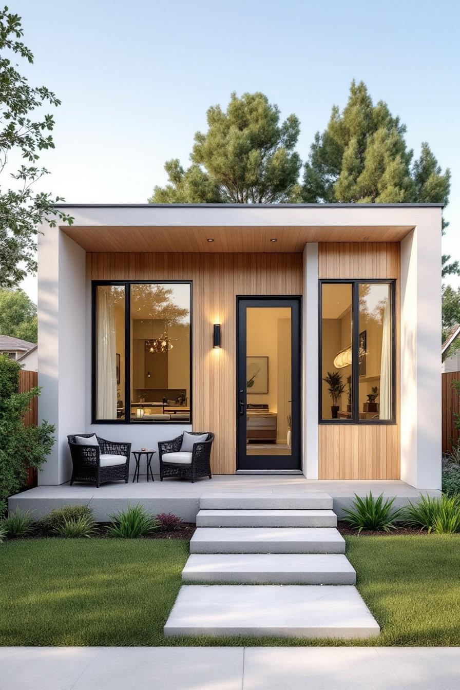 Modern cottage with flat roof and wood-paneled entrance