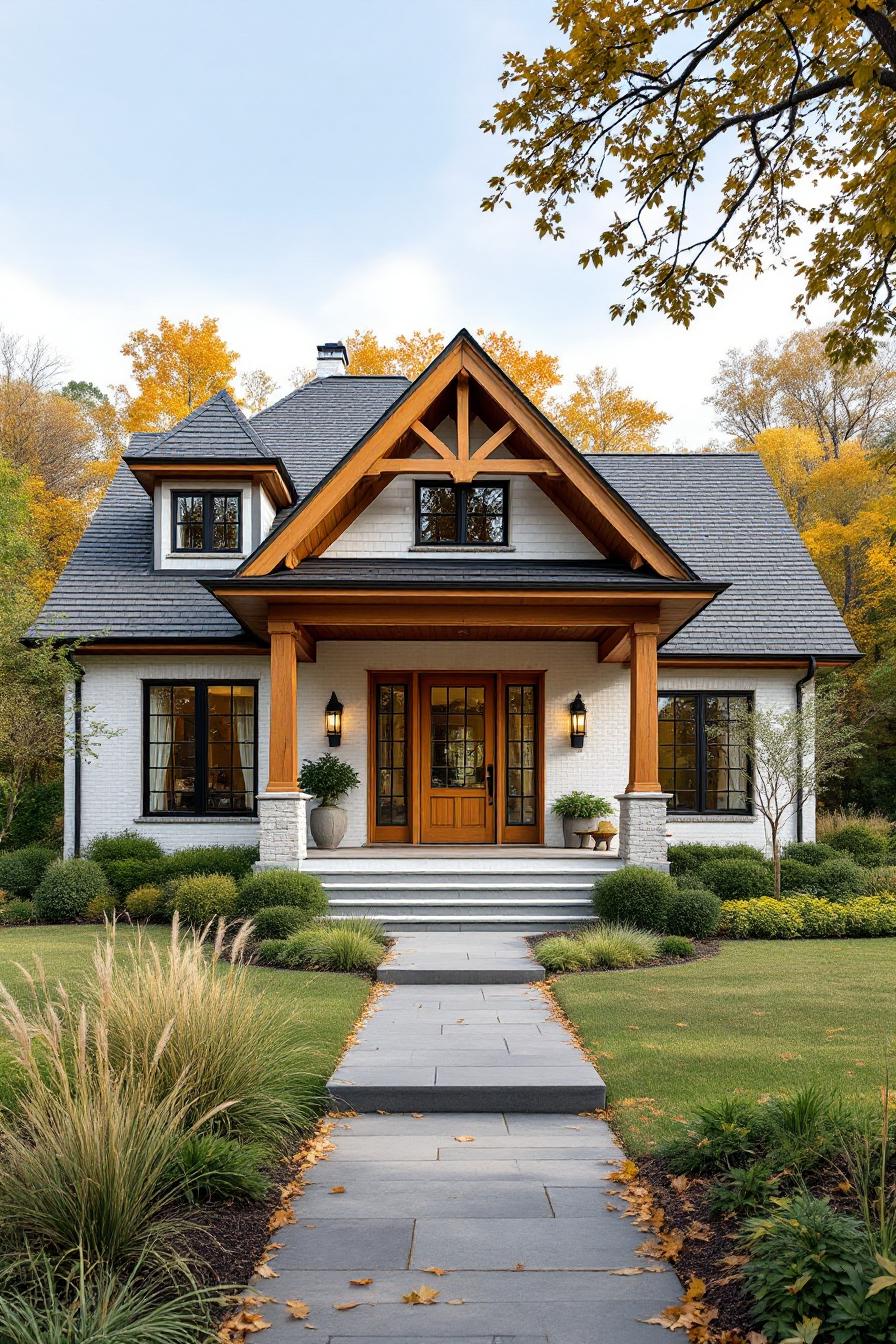 Charming cottage with timber accents and autumn backdrop