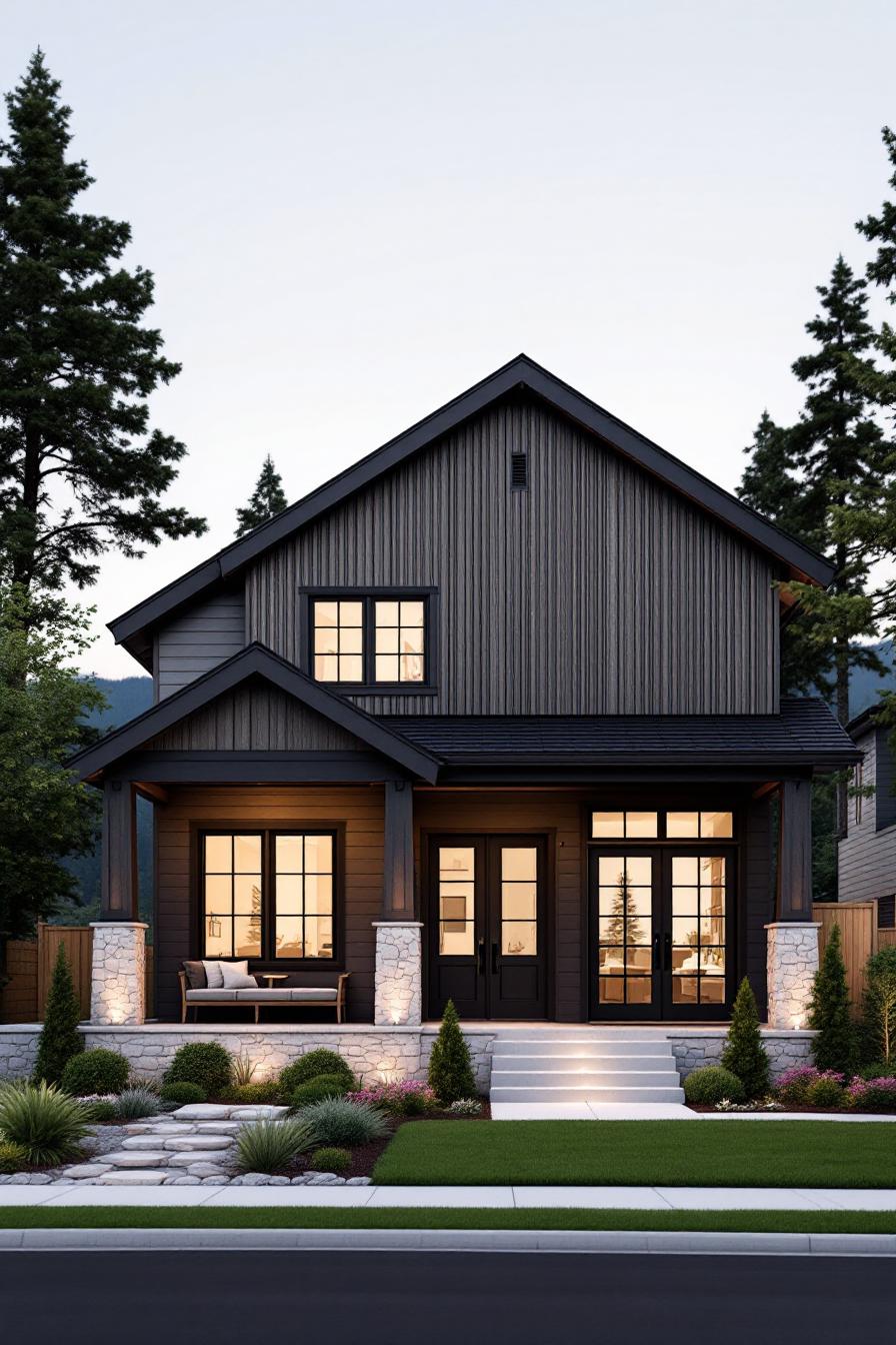 A craftsman home with glowing windows and symmetrical features