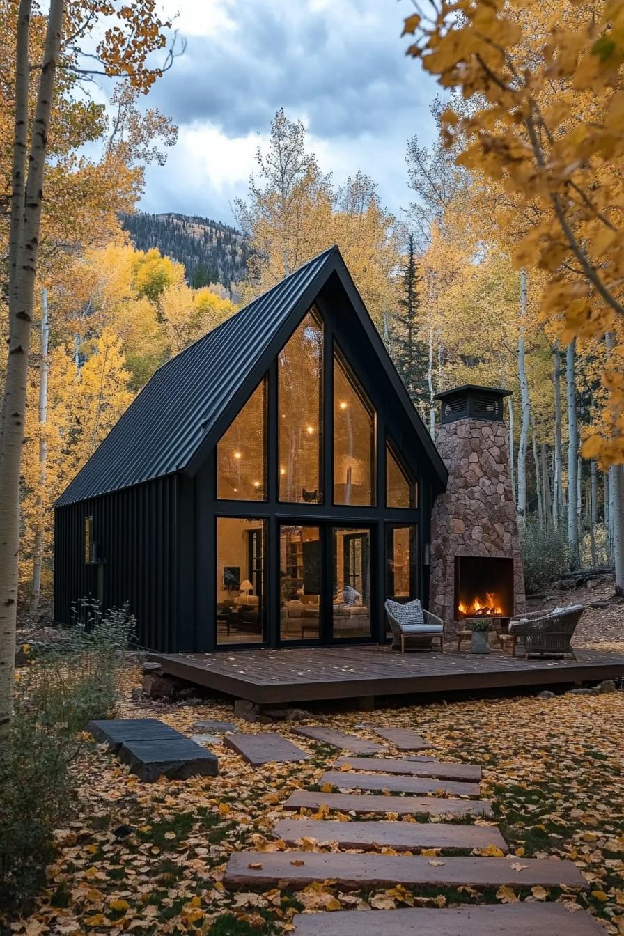 Cozy triangular house with large windows and a stone chimney