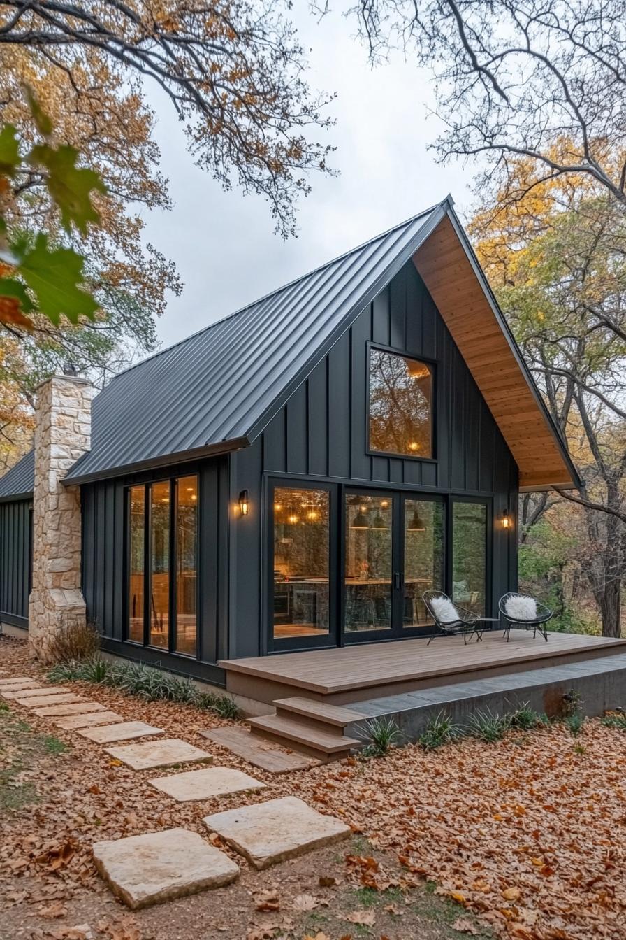 Modern barndominium with a sleek metal roof and stone chimney