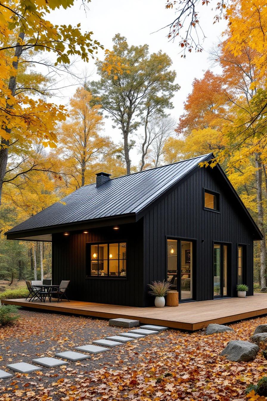 Small barndominium house in autumn forest