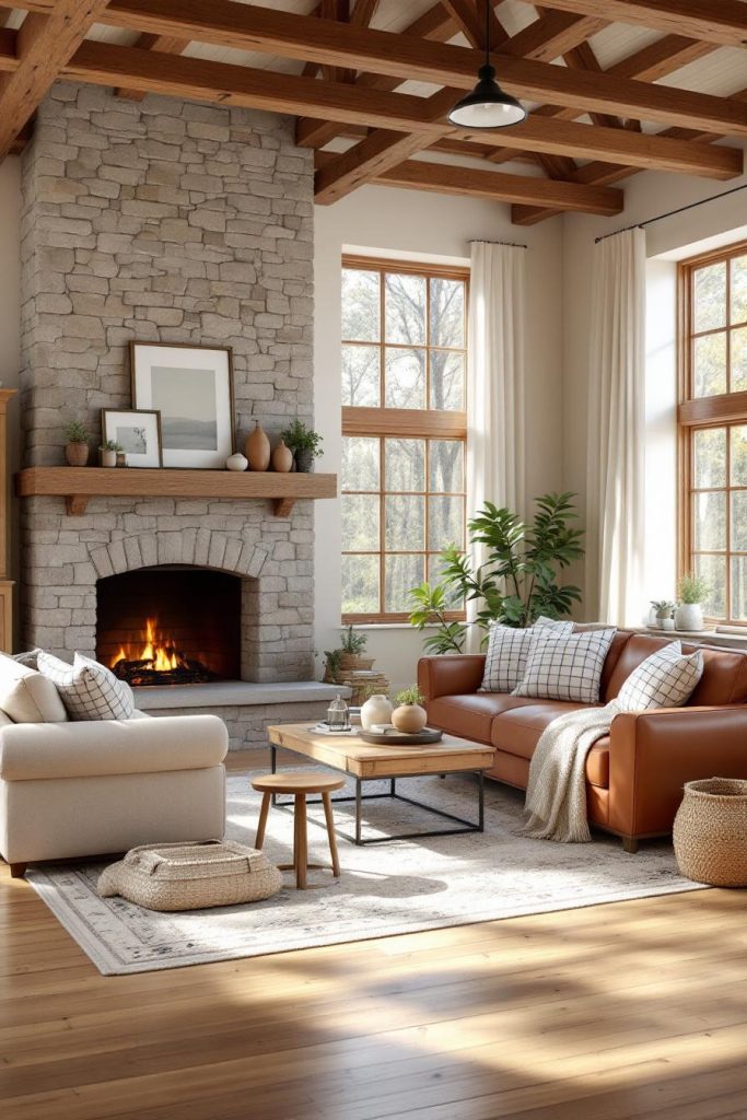 Farmhouse living room with a rustic cozy aesthetic and neutral earth toned color theme. The space features exposed wood ceiling beams a stone