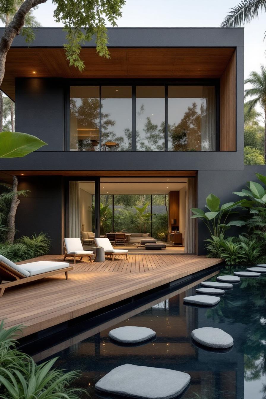 Luxurious villa with a wooden deck and pool