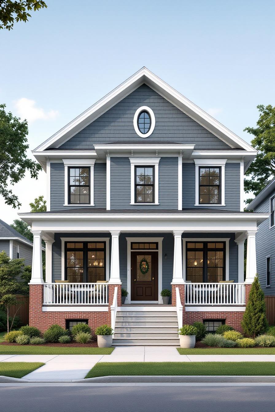 Cozy Craftsman house with blue siding and brick foundation
