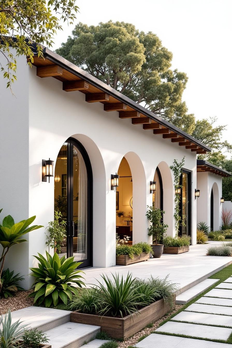 White-walled cottage with large arches and modern landscaping