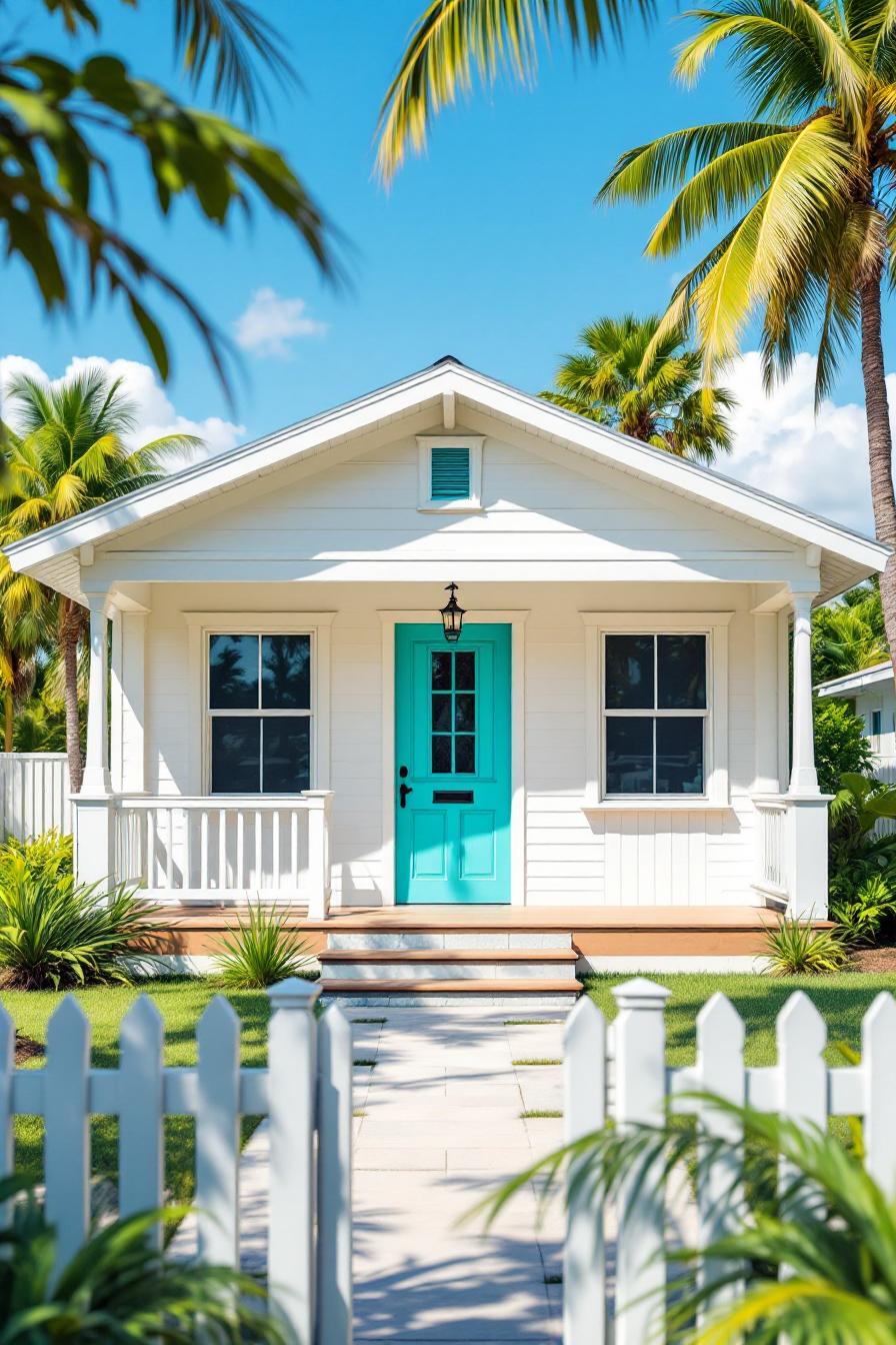 Vibrant cottage with turquoise door and white picket fence