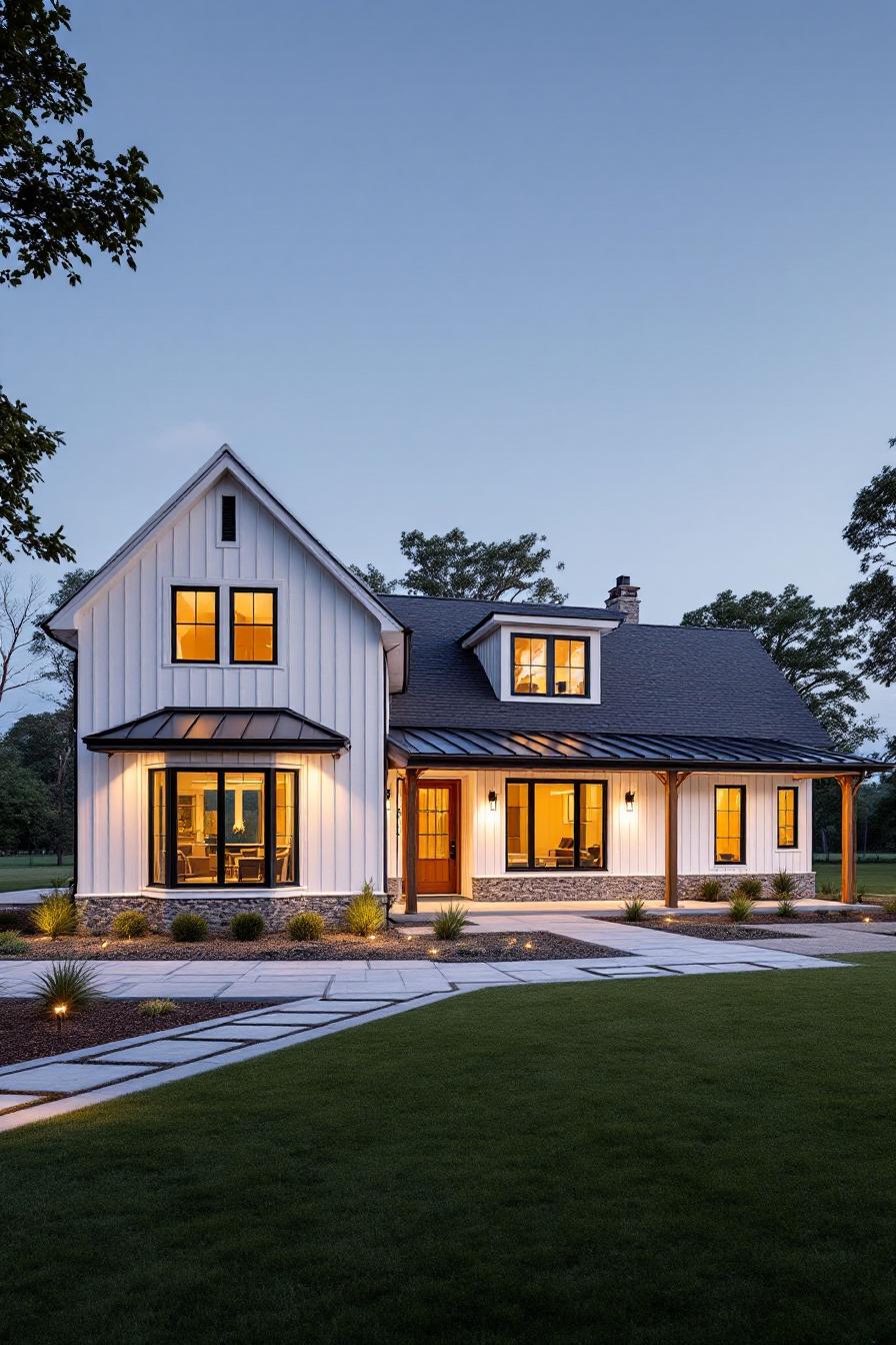 A picturesque country house illuminated at dusk