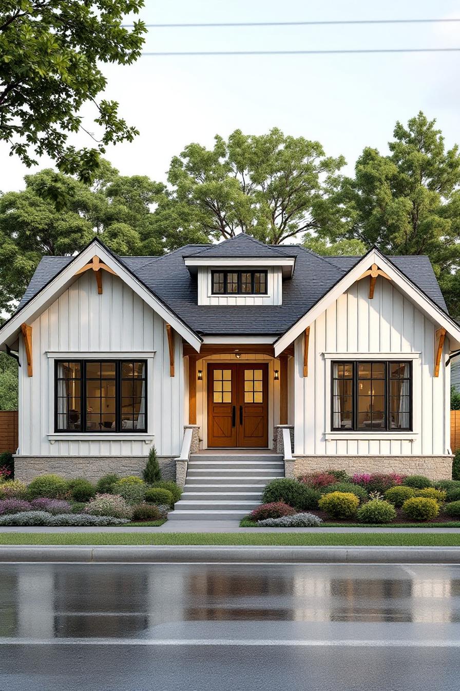 Charming ranch house with white siding and lush landscaping