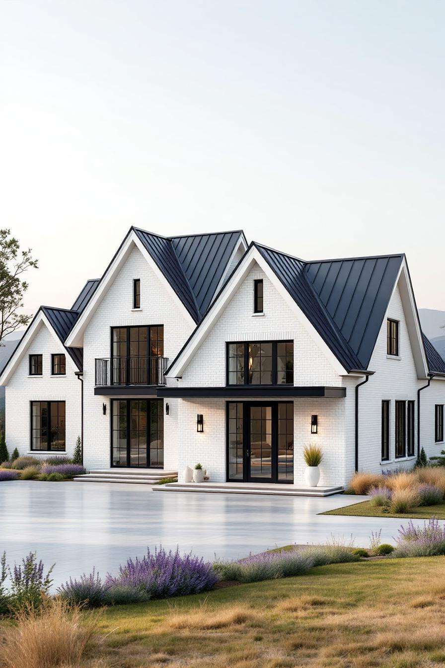 Elegant white house with sharp rooflines and modern windows