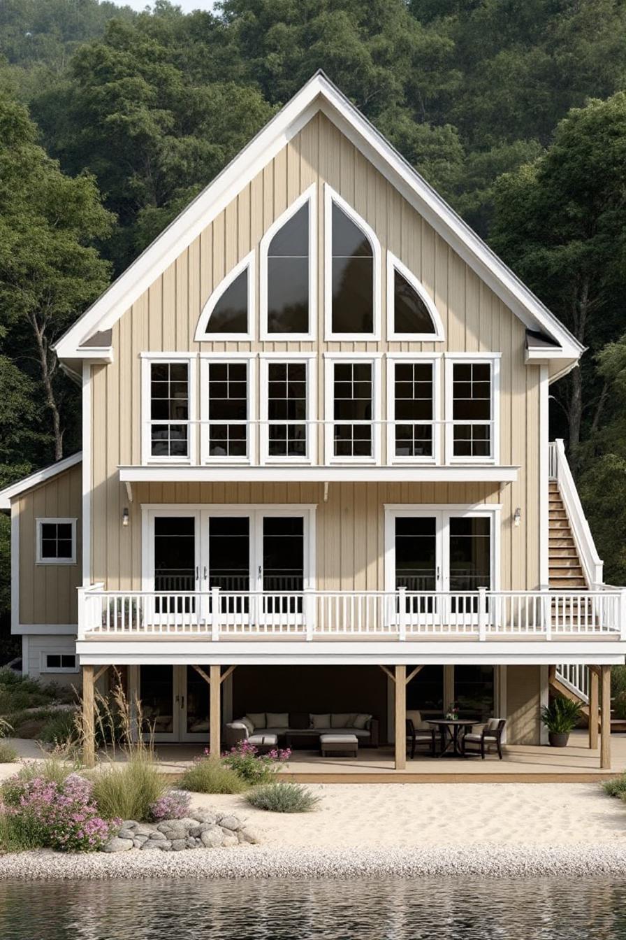 Charming riverfront house with large windows and a beige exterior