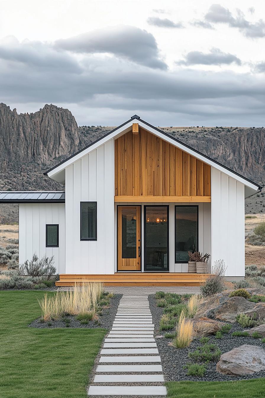 Compact modern barndominium with a scenic backdrop