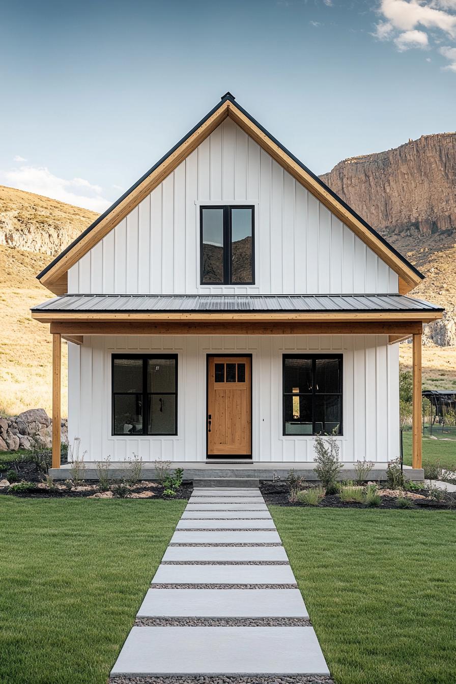 White barn house with a wooden door and scenic backdrop