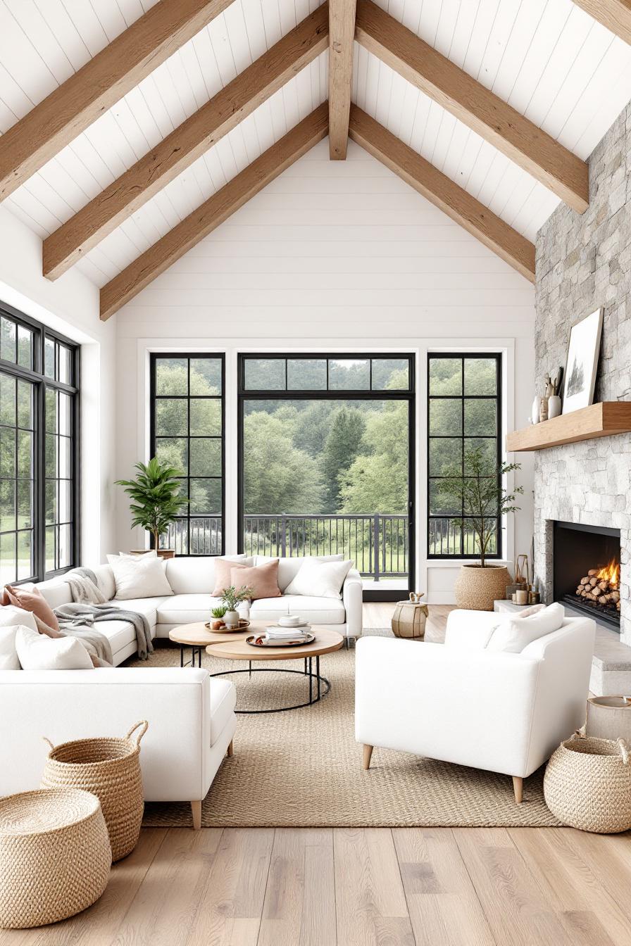 Farmhouse living room with large windows and stone fireplace