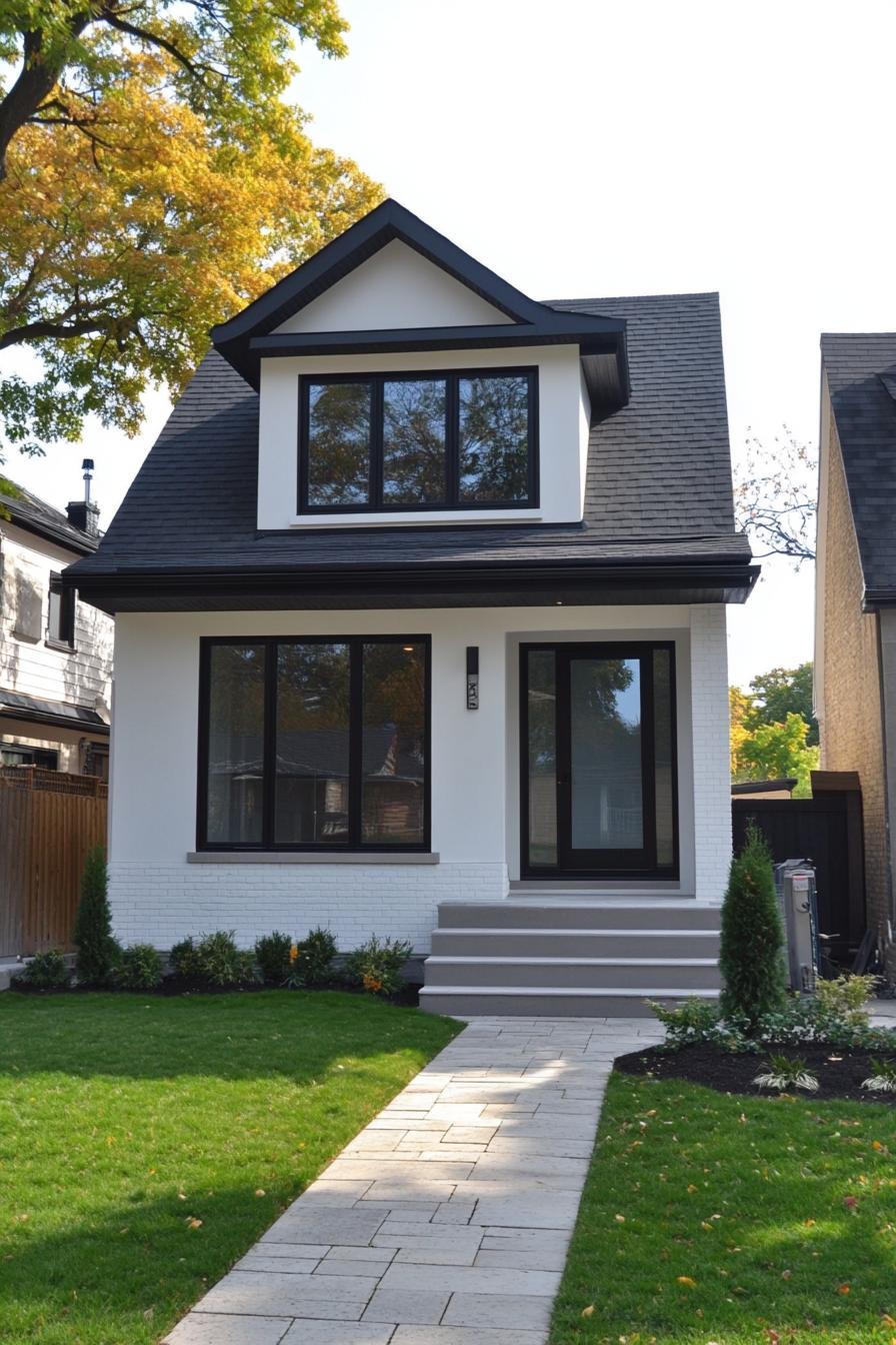 Compact dormer bungalow with a lush green lawn and charming path