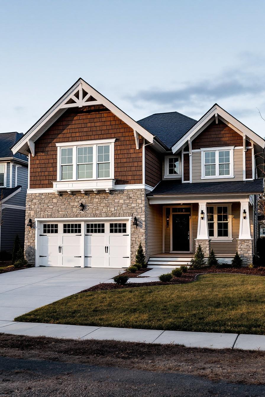 Brown Craftsman house with a stone façade and white trim
