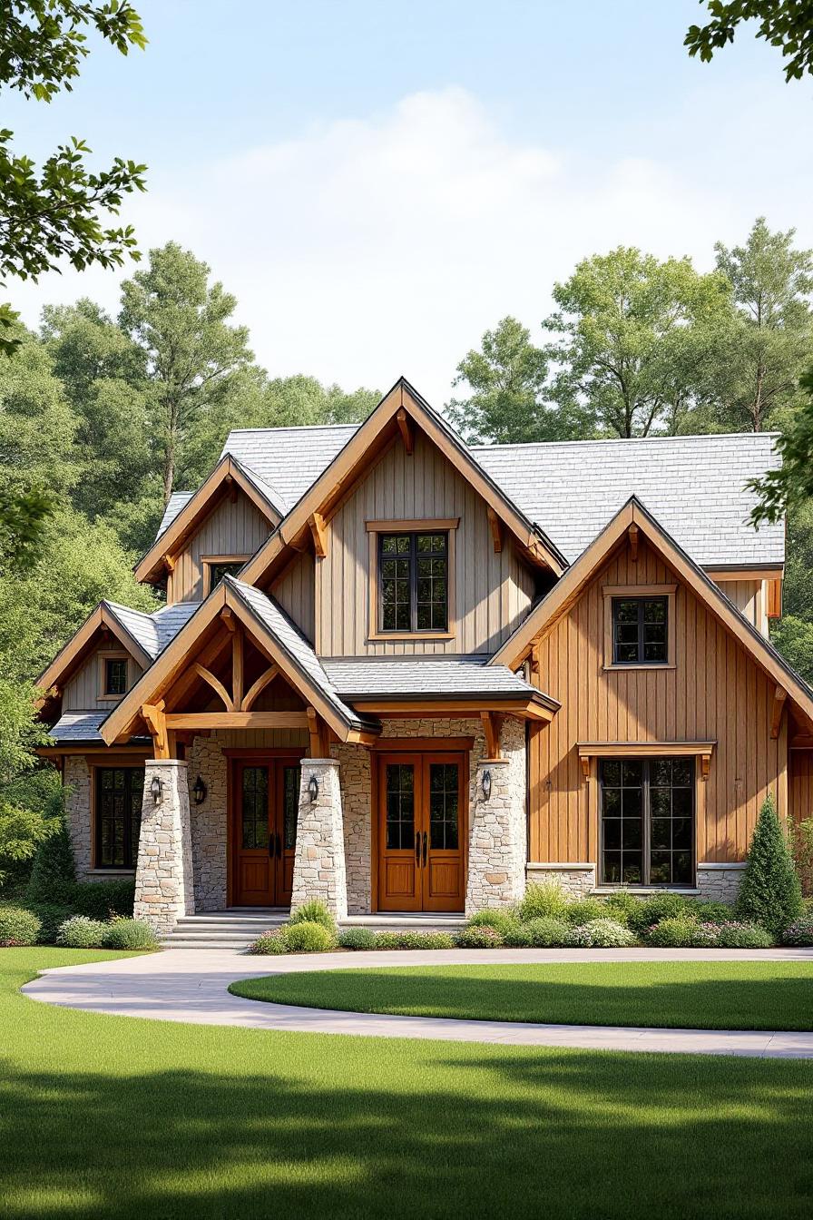 Charming timber house with stone accents and a slate roof