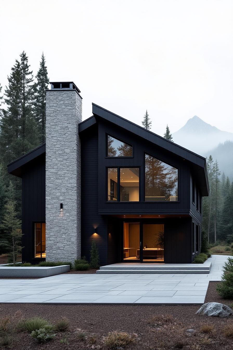 Modern black lake house with a peaked roof under misty skies