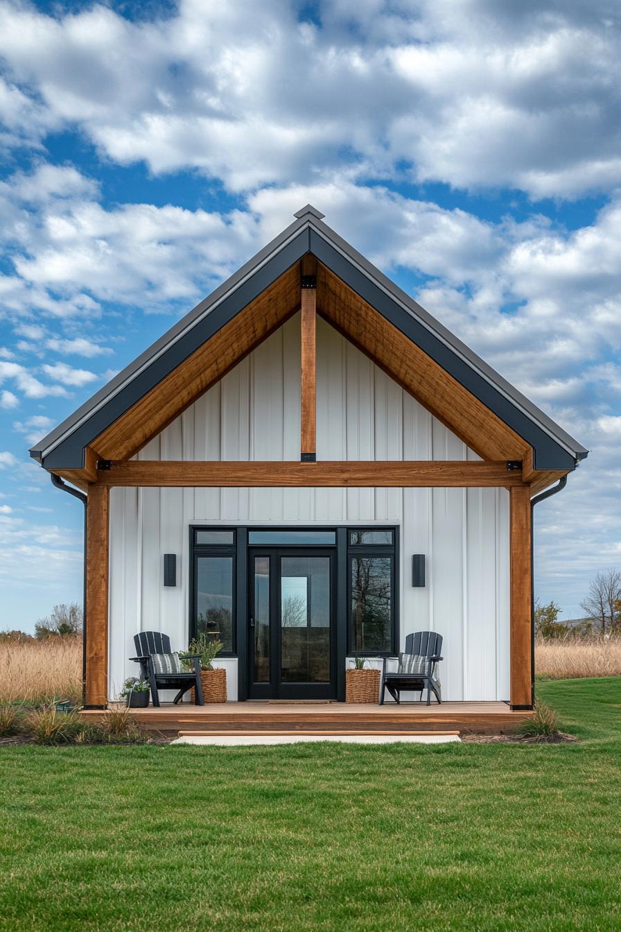 Tiny barndominium with white siding and wooden accents under a cloudy sky