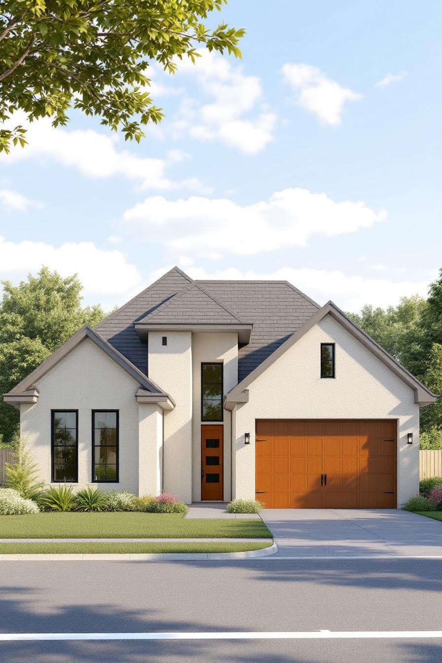 Modern suburban home with a gabled roof and wooden garage doors
