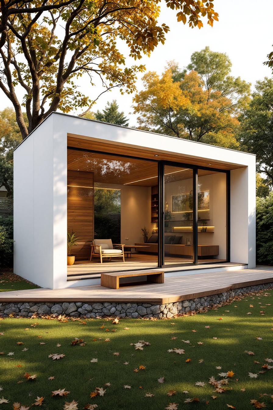 Tiny modern house with large glass doors in a leafy setting