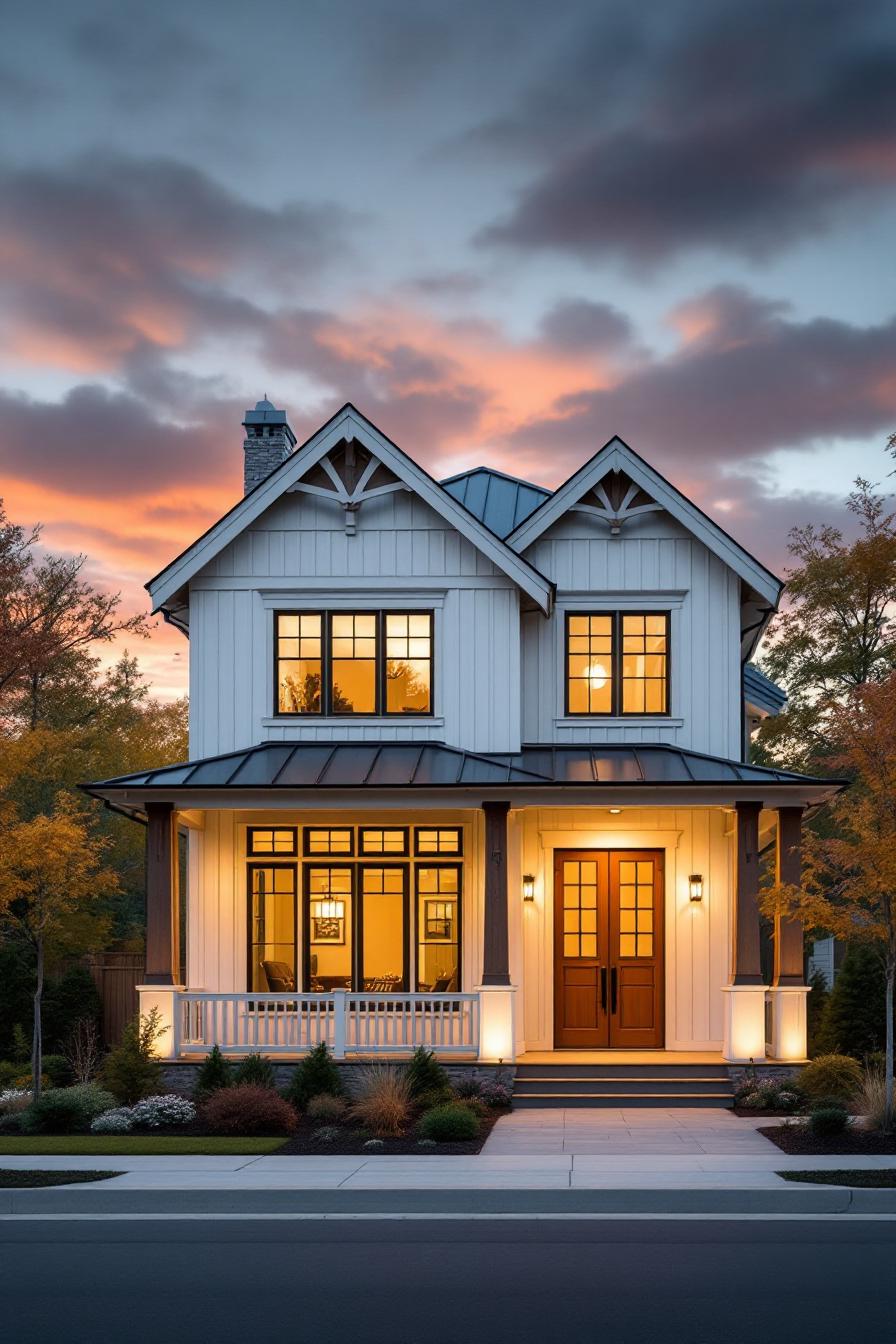 Two-story craftsman house with a sunset backdrop