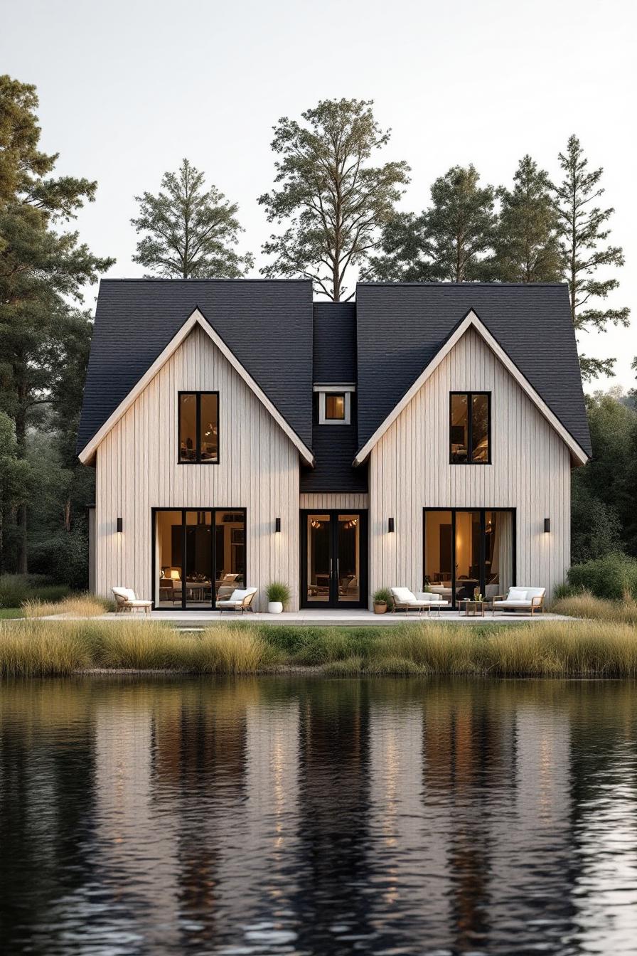 A modern A-frame lake house with tall windows and a peaceful lakeside view