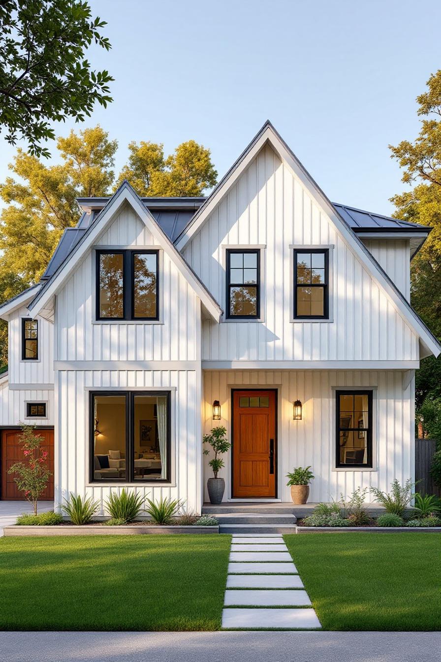 White cottage with bold black windows and a striking wood door
