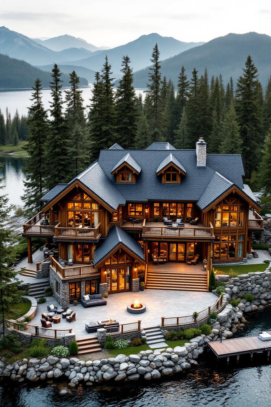 Luxurious cabin nestled by a serene lake with mountain views