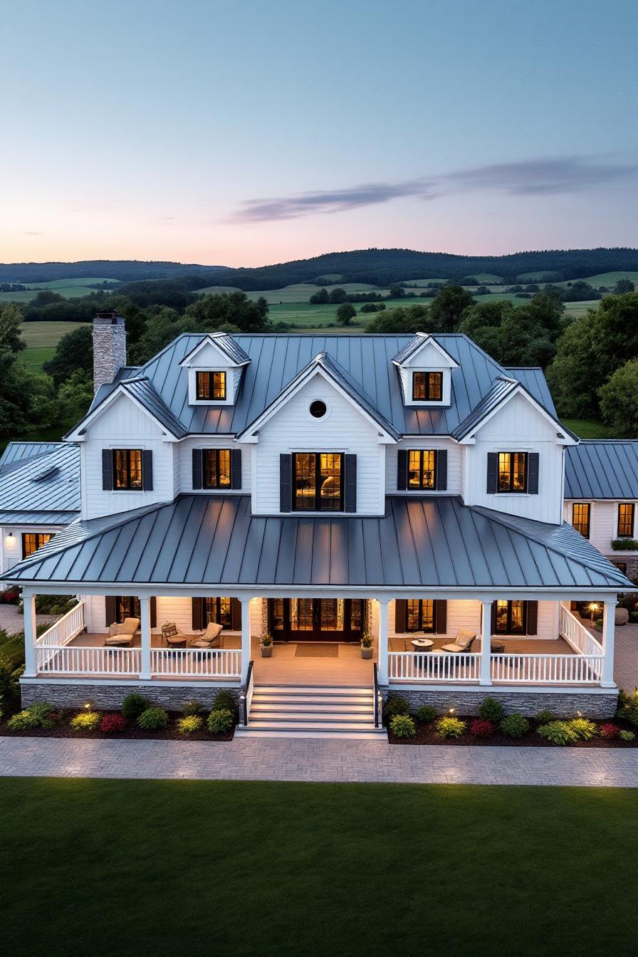 White house with metal roof surrounded by rolling hills