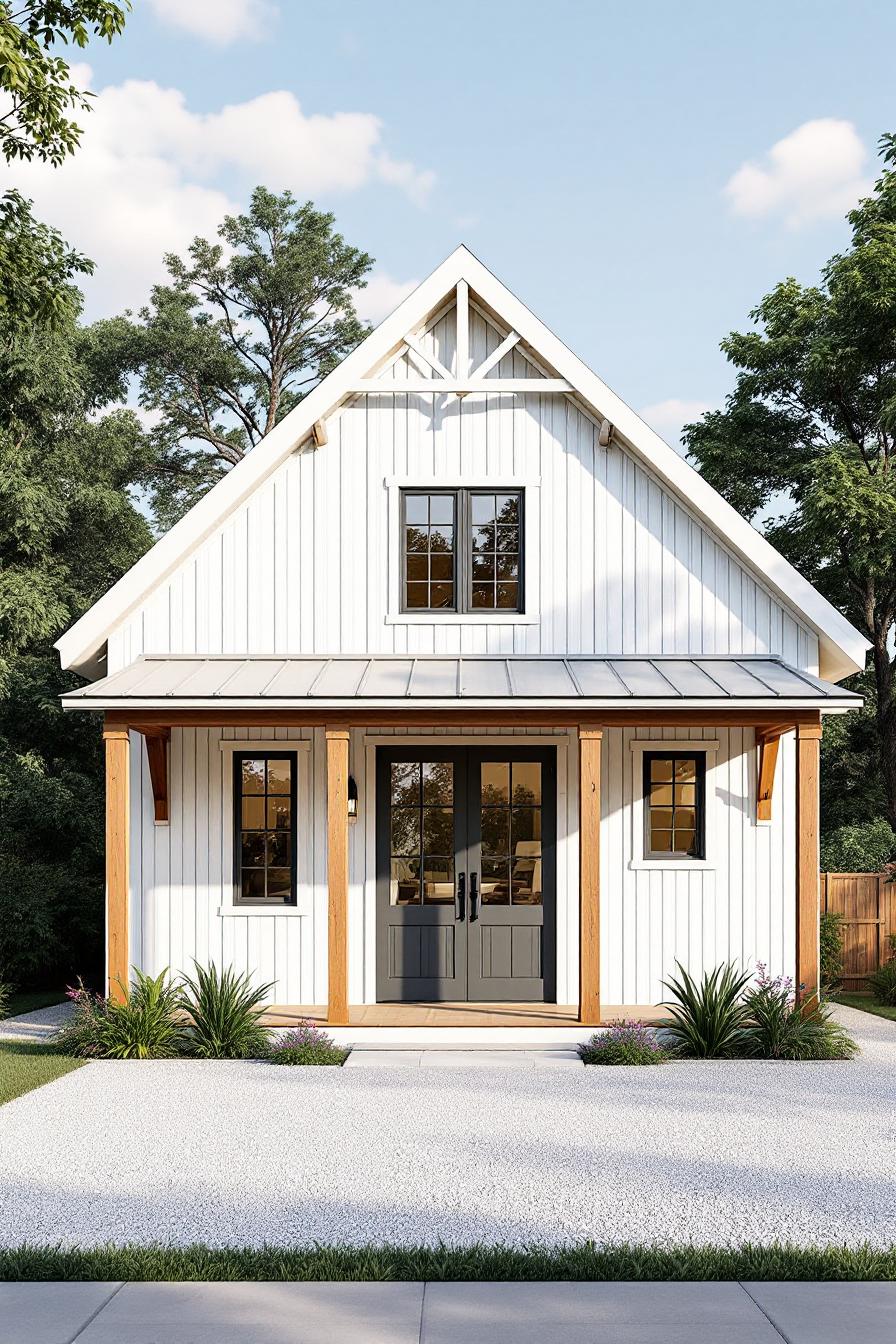 White wooden cottage with front porch